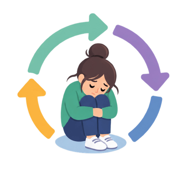 Person surrounded by arrows illustrating a cycle of self-doubt
