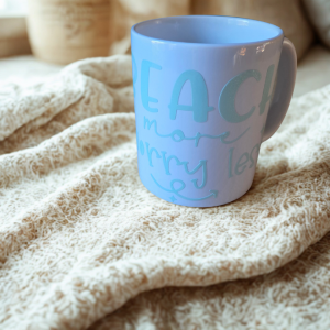 Beach More, Worry Less – Pastel Blue Coastal Quote Mug